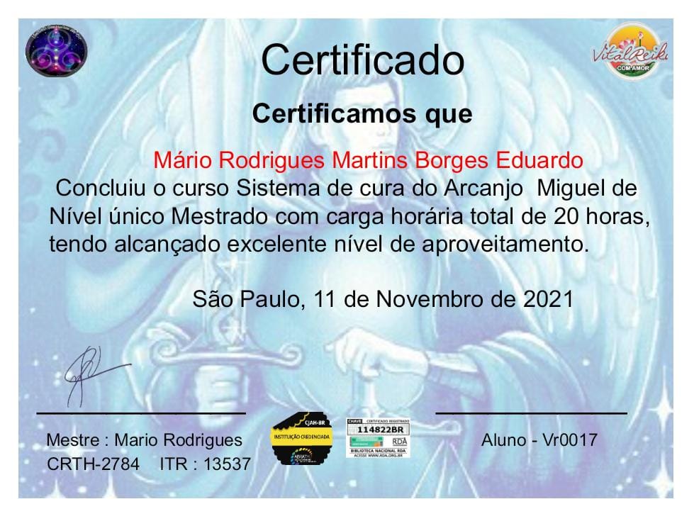 Certificado do curso Sistema de Cura do Arcanjo Miguel