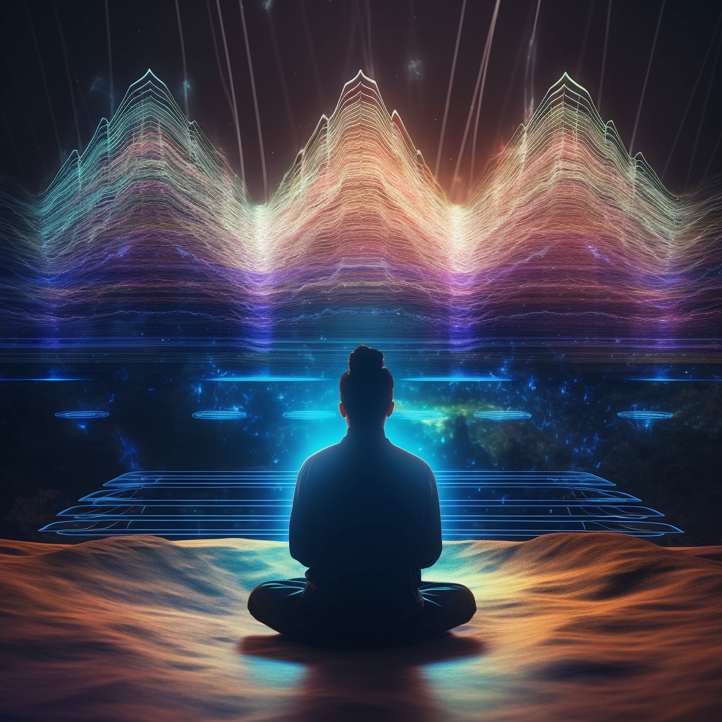 Person meditating before waves of light