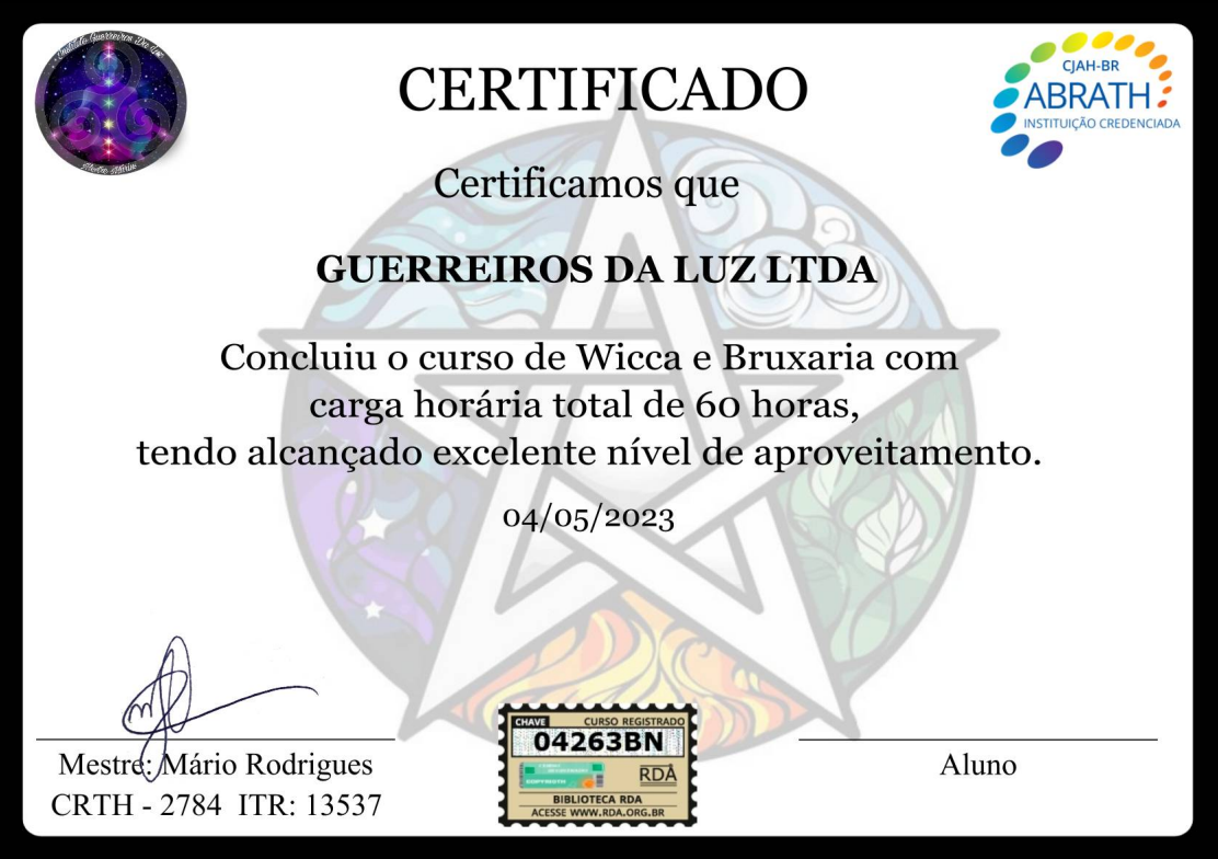 Certificado do curso de Wicca e Bruxaria
