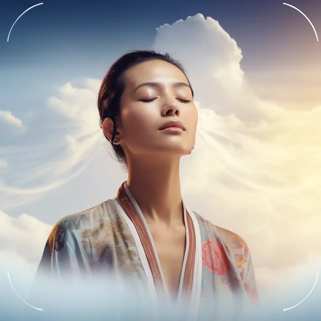 Mulher de olhos fechados respirando entre nuvens