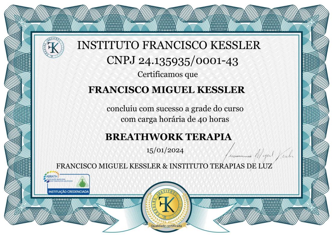 Frente do certificado de 40 horas de Breathwork Terapia