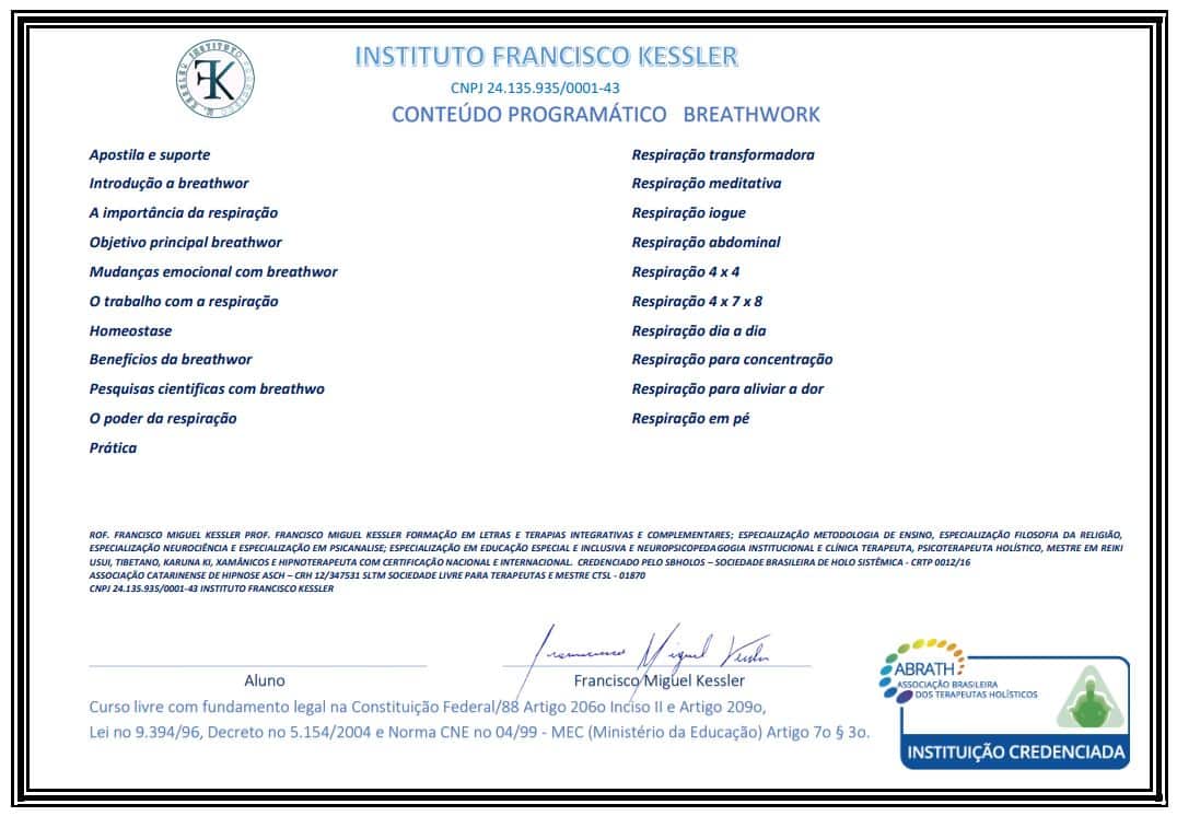 Verso do certificado, com o conteúdo programático