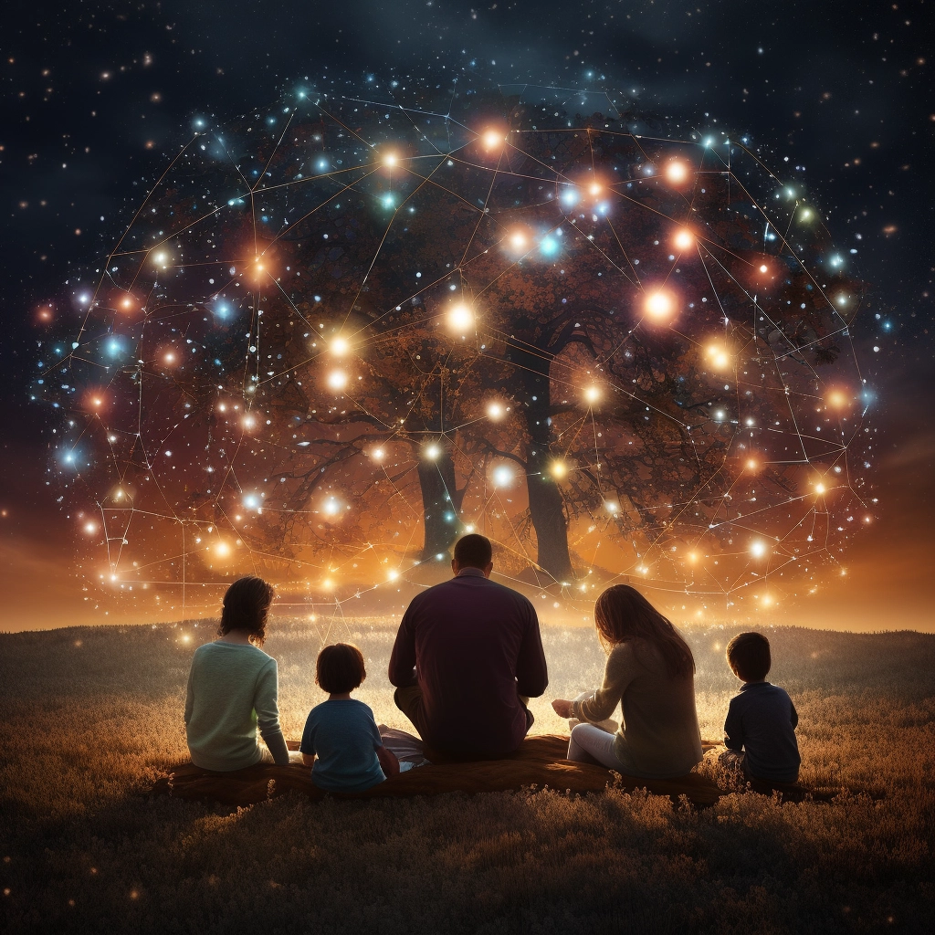 Uma família de costas, sentada sob uma árvore de estrelas ligadas entre si