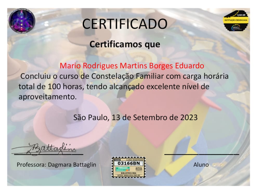 Modelo do certificado de 100 horas de Constelação Familiar