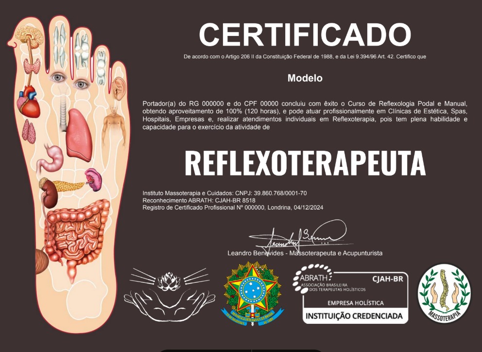 Modelo do certificado de 120 horas do Curso de Reflexologia Podal e Manual