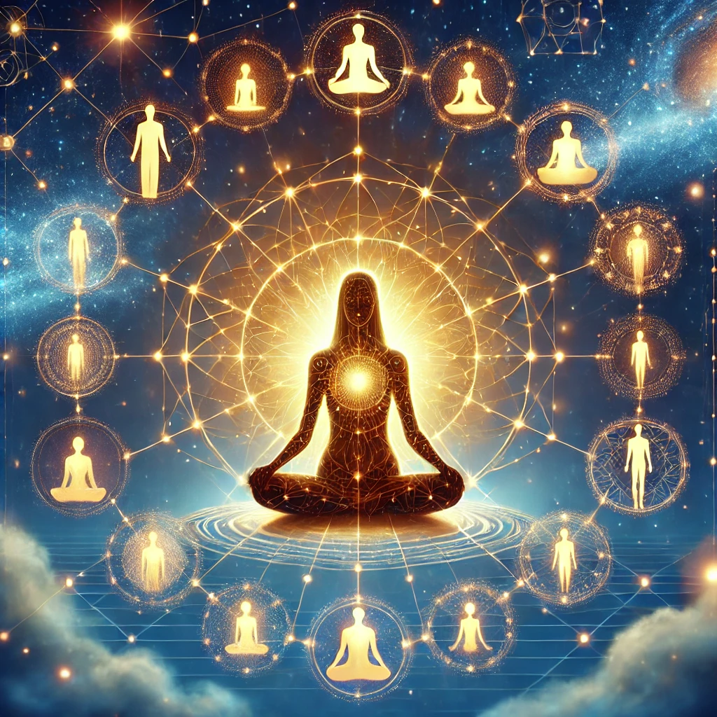 Figura em meditação no centro de uma rede de figuras ligadas por luz