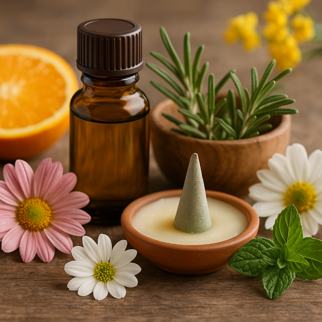 Frasco de óleo essencial entre flores, ervas e laranja