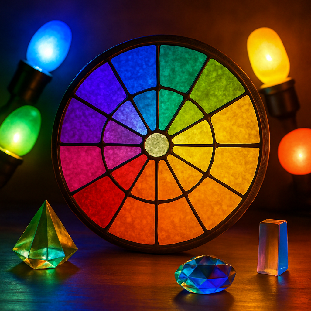 Roda de cores em vitral, com lâmpadas coloridas e cristais