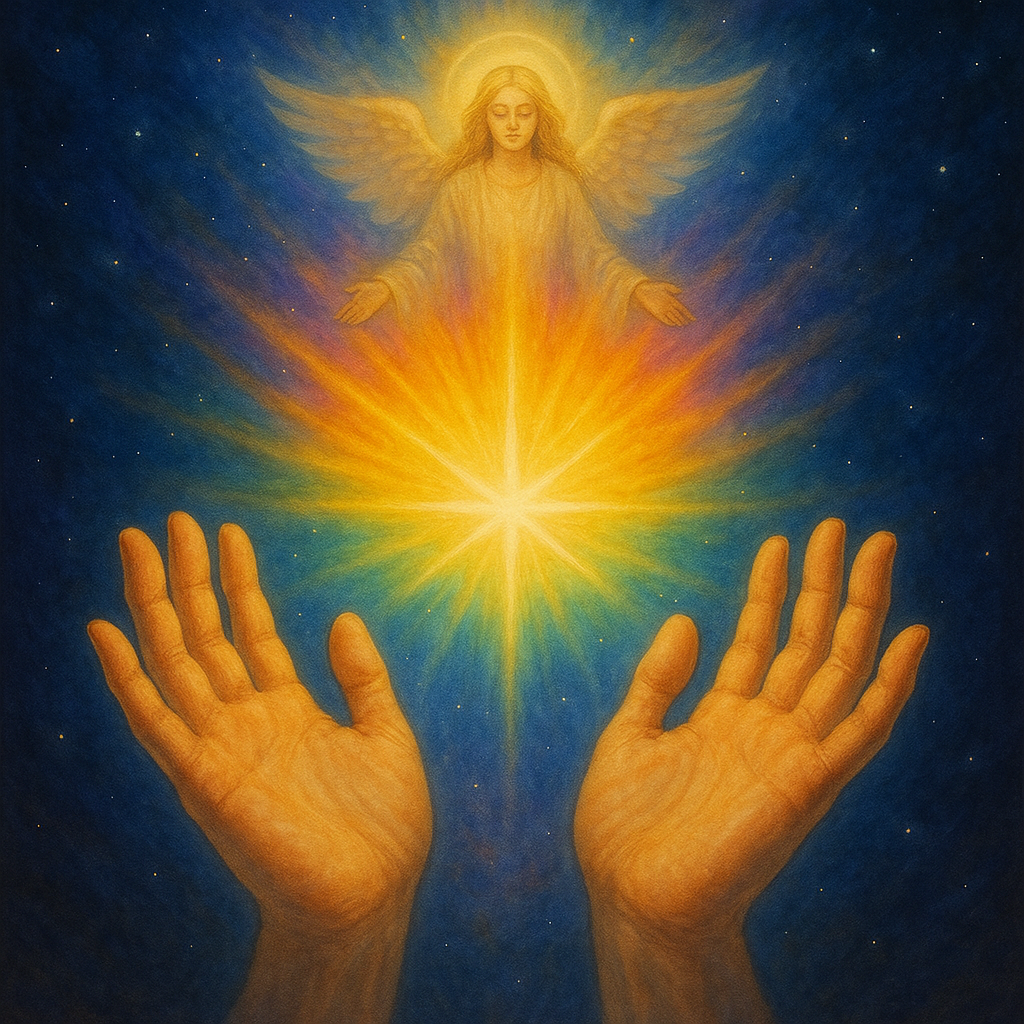 Mãos abertas recebendo luz, com um anjo ao fundo