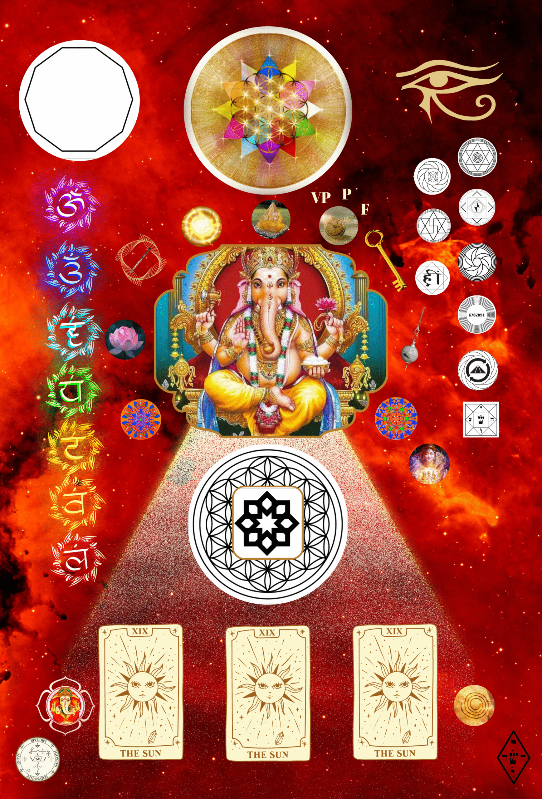 A prancha da Mesa Quântica Ganesha da Abundância, com os chakras, os gráficos radiestésicos e a figura de Ganesha ao centro