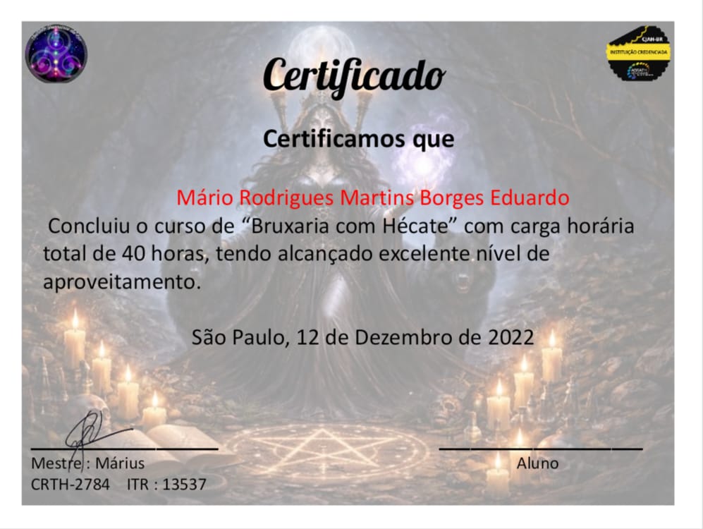 Modelo do certificado de 40 horas do curso Bruxaria com Hécate