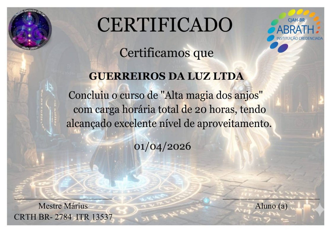 Certificado do Curso Alta Magia dos Anjos – Instituto Terapias de Luz