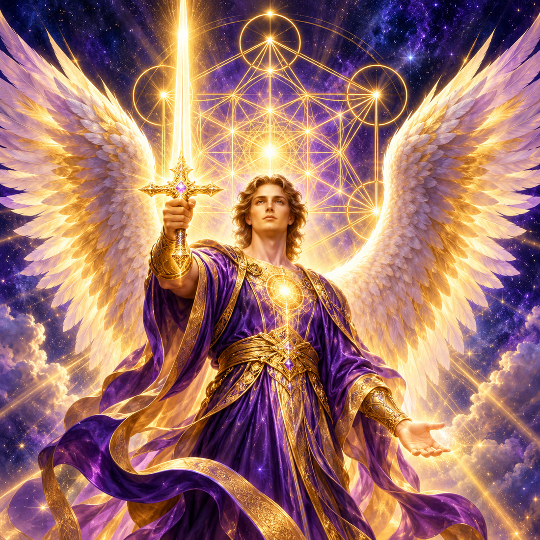 Arcanjo Metatron com a Espada de Luz e o Cubo de Metatron ao fundo