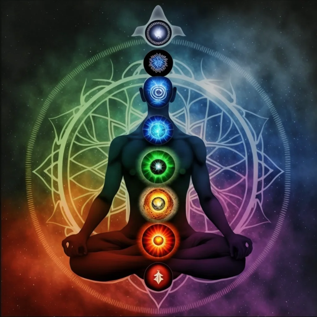 Figura em meditação com os sete chakras iluminados